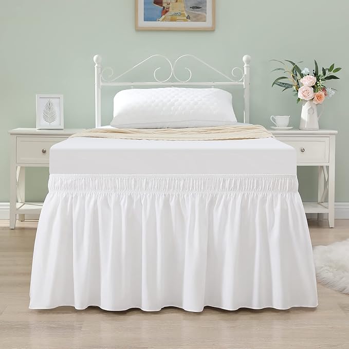 RIMELA Dorm Bed Skirt Twin XL 18 Inch Drop, Extra Long Wrap Around Elastic Bed Skirts Easy to Put On Twin Size Dust Ruffle, White Bedskirt for Adjustable Bed Base Solid Silky Fabric Machine Washable