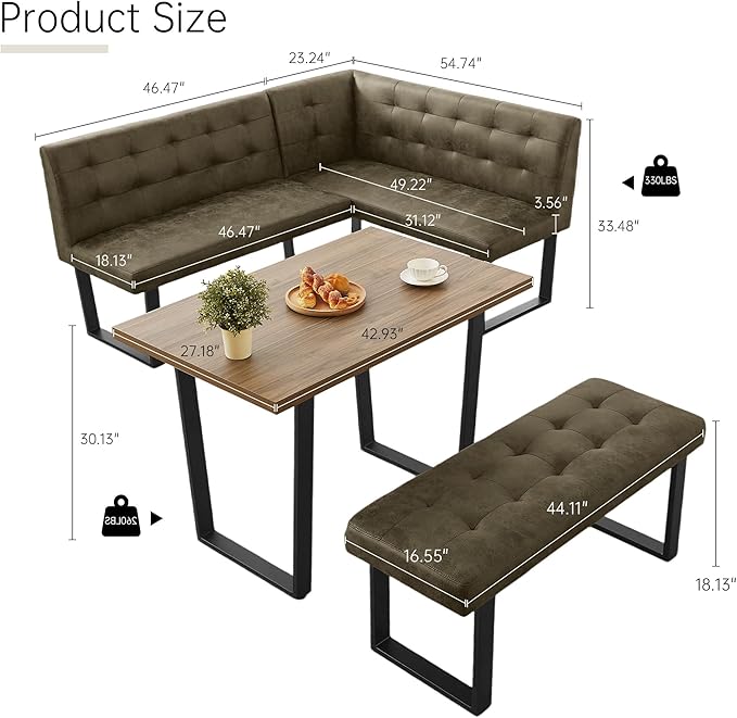 3-Piece Corner Dining Table Set with Bench, 70 Inch Space-Saving Breakfast Nook for Kitchen & Dining Room(Walnut Table & L-Seat Brown Bench)