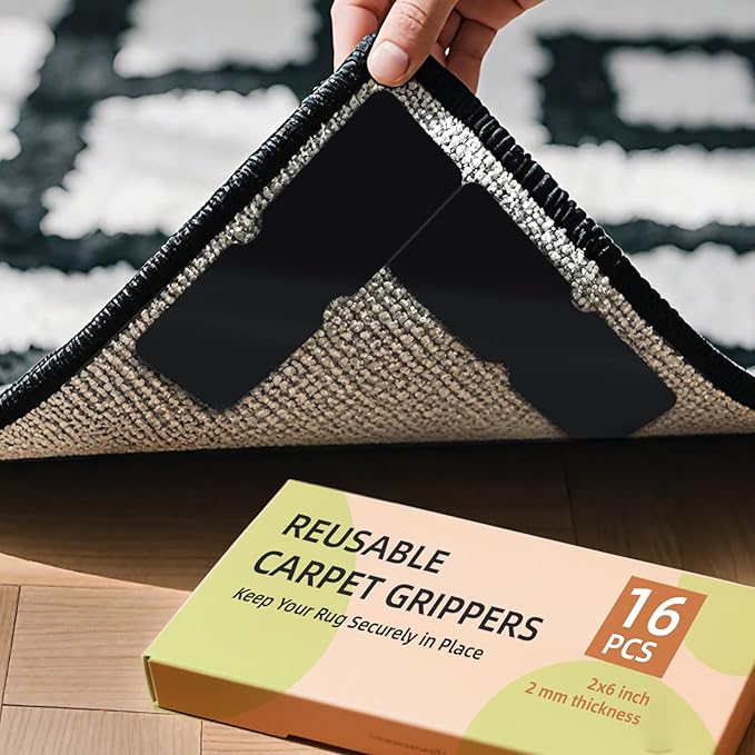 Washable Reusable Non-Slip Rug Pads 16 PCS,Double Sided Anti-Skid Tape,Strong Adhesive Mat Holders,Grippers for Area Carpet,No Damage Removable for Hardwood Floors