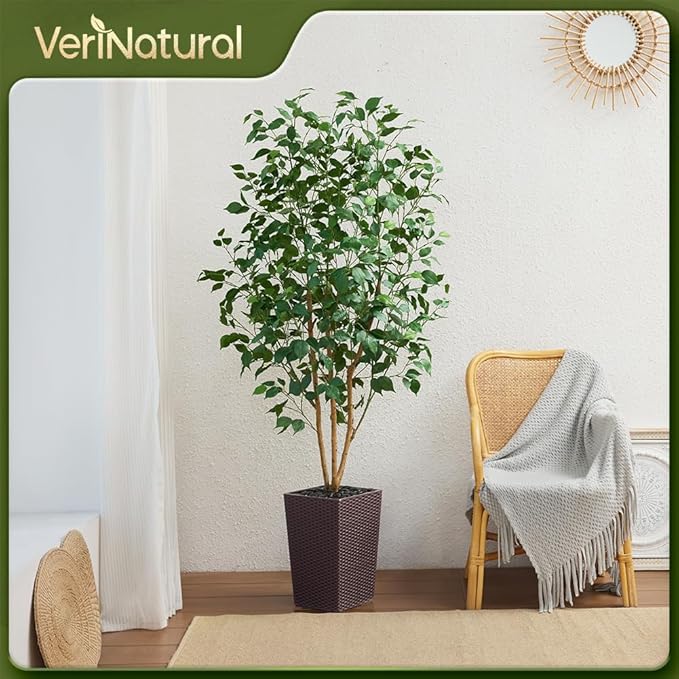 6ft Artificial Ficus Tree,Tall Faux Tree with Silk Leaves & Real Wood Trunk,UV Resistant Potted Fake Plant with Pebbles & Planter-Indoor Outdoor Floor Plant for Home Living Room,VN129