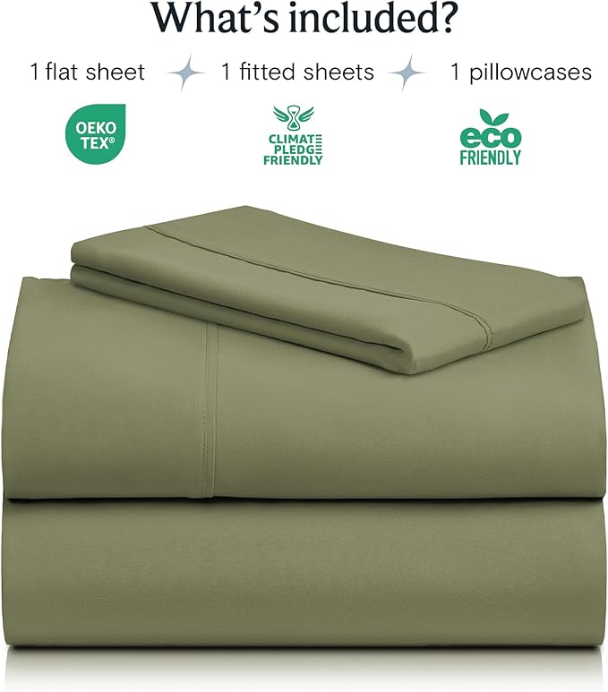 LuxClub 3 PC Twin Sheet Set, Deep Pockets Wrinkle Free Cooling Bed Sheets Hotel Bedding for Women, Men, Kids & Teens, Includes 1 Fitted Sheet, 1 Flat Sheet and 1 Pillowcase-Silky Soft Olive