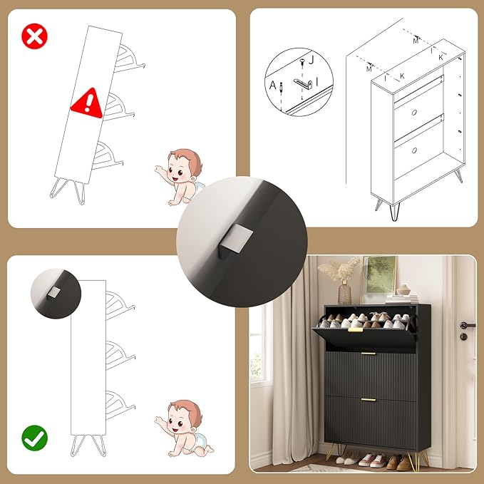 Shoe Cabinet with 3 Flip Drawers Narrow, Fluted Black Shoe Cabinet Storage for Entryway Slim, Hidden Shoe Storage Cabinet, Modern Freestanding Shoe Rack Organizer for Entryway, Black