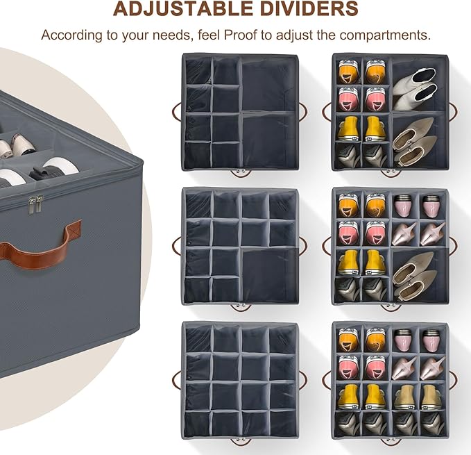 Shoe Organizer for Closet, Foldable Shoe Storage Box with Clear Top Lid, 3 Leather Handles, Adjustable Dividers, Fits 8-16 Pairs, Stackable Shoe Bin for Bedroom (Gray, 2 PCS/16.9*11.8*1.57 inch)