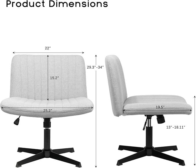 PUKAMI Criss Cross Chair,Armless Cross Legged Office Desk Chair No Wheels,Fabric Padded Modern Swivel Height Adjustable Mid Back Wide Seat Computer Task Vanity Chair for Home Office(Grey)