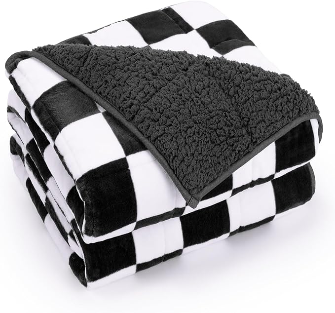 Weighted Blanket for Adults, 12lbs Sherpa Flannel Weighted Blanket Queen Size, Soft Fluffy Fleece Checkerboard Weighted Blankets for Calming and Relax, Plaid Black, 60" x 80"