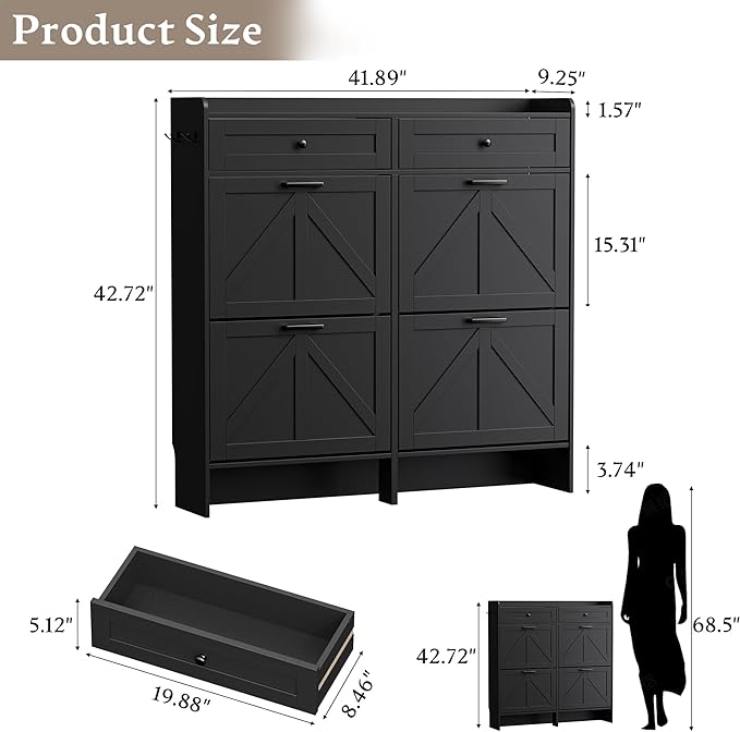 Shoe Storage Cabinet for Entryway, Farmhouse Wide Shoe Cabinet with 4 Flip Drawers and 2 Top Drawers, Freestanding Organizer with Adjustable Shelves, Hooks, and Anti-Tip Kit for Hallway
