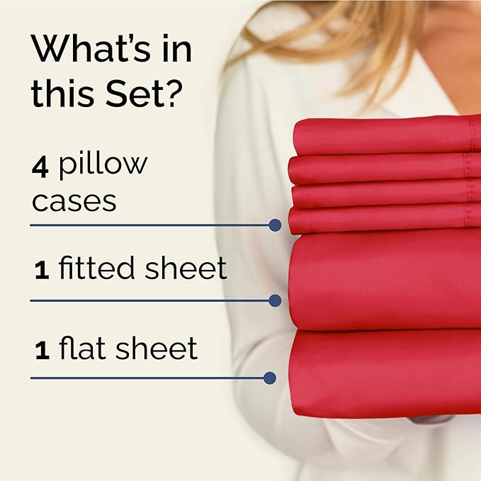 Full 6 Piece Sheet Set - Cooling, Comfy & Breathable - Hotel Luxury Bedding - Includes Fitted Sheet for Women, Men, Kids and Teens - 1 Flat, 1 Fitted Sheet, 4 Pillowcases with Deep Pockets - Red