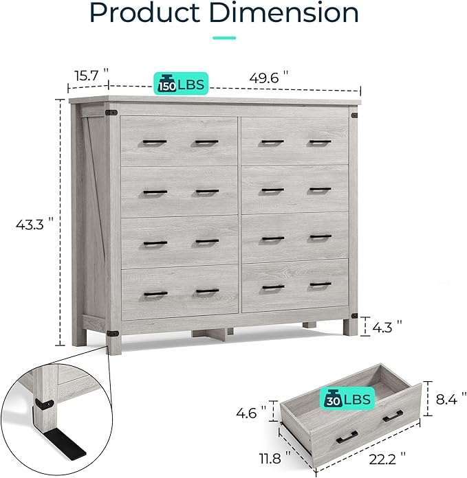 LINSY HOME Farmhouse 8 Drawer Double Dresser for Bedroom, 50” Wide Rustic Wood Chest with Deep Drawers, Modern Dressers with Storage and Metal Handles for Closet, Living Room, Hallway, Wash Grey
