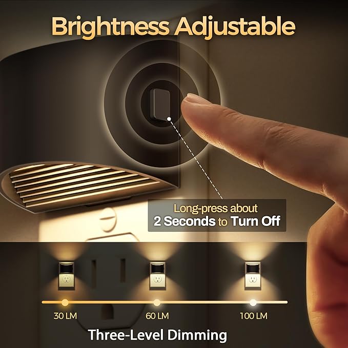 DORESshop LED Night Light[4 Pack], Night Lights Plug into Wall, 3 Level Brightness Adjustable Plug in Night Light, Dusk to Dawn Sensor, Nightlights for Adults, Bedroom, Bathroom, Hallway, 3000K