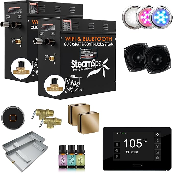 SteamSpa Steam System 24kW Steam Shower Generator with Bluetooth Wifi, Quickstart Continous Steam, Advanced Touch Pad Screen, Chroma Lights, Drain Pan and Auto Drain Gold RVBS2400GD-A