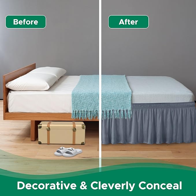Biscaynebay Wrap Around Bed Skirts for Queen Beds 16" Drop, Dark Grey Adjustable Elastic Dust Ruffles Easy Fit Wrinkle & Fade Resistant Silky Luxurious Fabric Solid Machine Washable