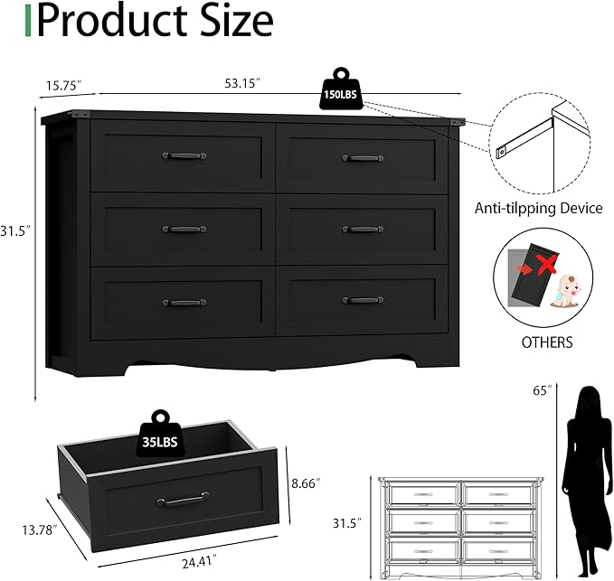Dresser for Bedroom with 6 Drawers, 54" Wide Wood Chest of Drawers with Deep Drawers & Mental Handle, Modern Dresser TV Stand, Wooden Closet Storage Organizer for Living Room, Hallway, Entryway, Black