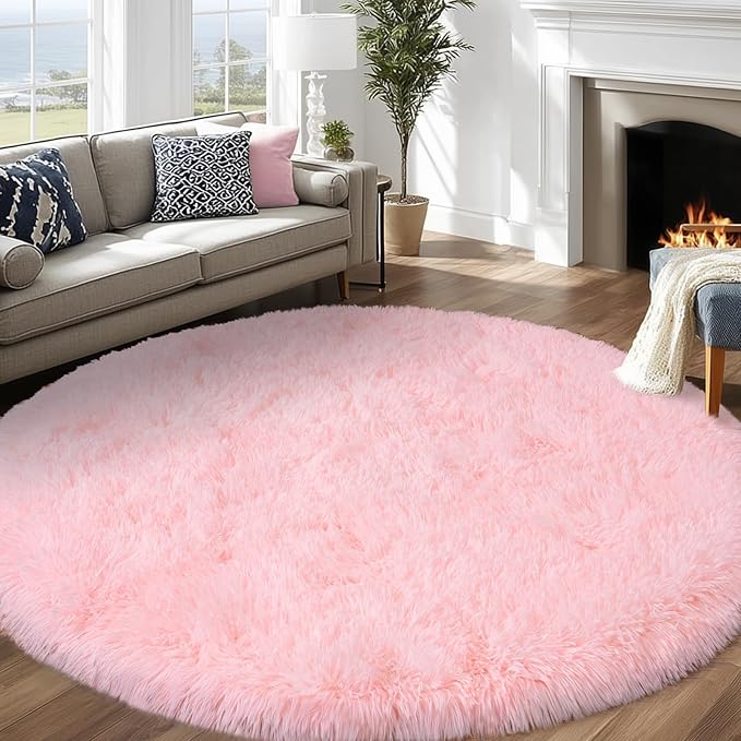 Round Fluffy Pink Rug for Bedroom, 8Ft Large Fuzzy Shag Circle Area Rug for Girls Kids Room Nursery, Soft Non Slip Plush Carpet for Dorm Living Room Home Decor