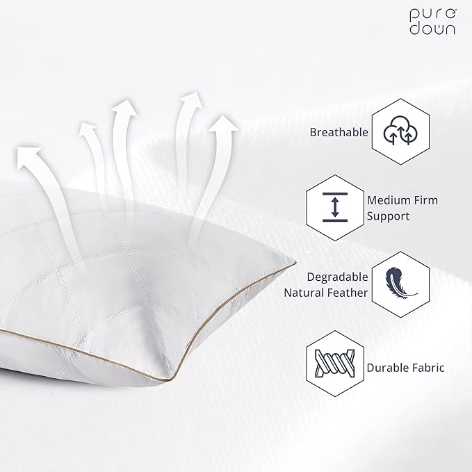puredown® Goose Feathers and Down Pillow with Diamond Quilting with 100% Cotton Cover, Pack of 1, Standard Size