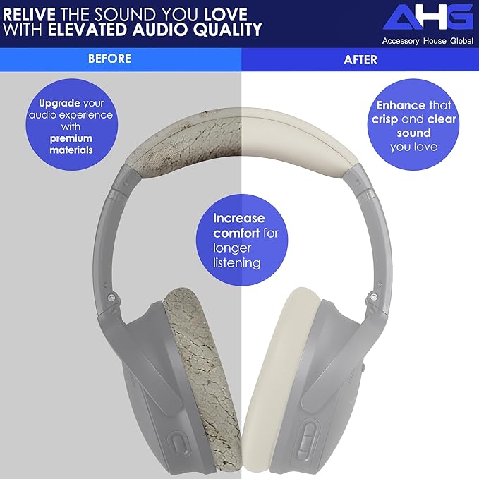 Replacement QC Ear Pad and Headband Pad Kit Cushion. Compatible with Bose QuietComfort (2023) QC45 QCSE QC35 II Wireless Noise Cancelling Headphones (White Smoke) Easy DIY