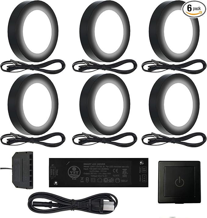 VST Under Cabinet Lighting Plug in with Wired Touch Dimmer Switch,Recessed or Surface Mount Design,Warm White 3000K 12V 2W(12W Total, 60W Equivalent),6 Pack Black Puck Lights Fixtures
