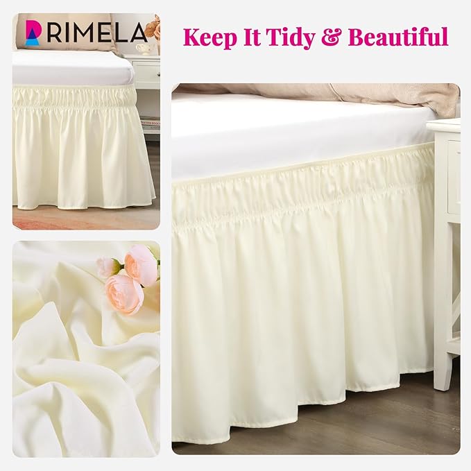 RIMELA Cream Bed Skirt King Size 15 Inch Drop, Elastic Bed Skirting for Bed Base and Frame, Lightweight Wrap Around Adjustable Bedskirt, Bedding Dust Ruffle Easy to Install
