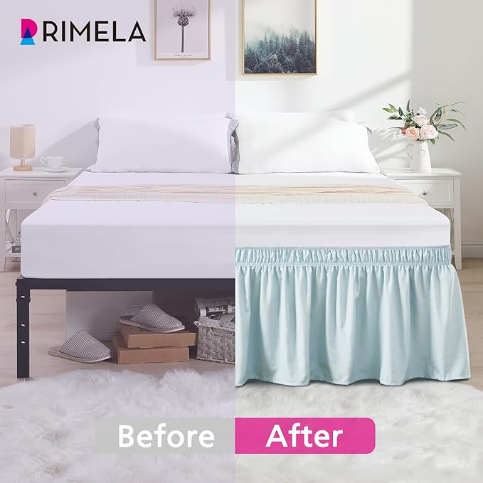 RIMELA Grayish Blue Bed Skirt Queen Size 15 Inch Drop, Wrap Around Elastic Bedskirt, Dust Ruffle for Adjustable Bed Base Machine Washable Easy to Install Bed Skirts