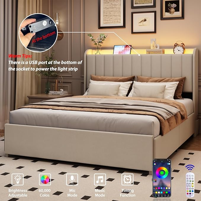 Full Bed Frame with 4 Drawers and Storage Headboard, Upholstered Platform Bed Frame Full Size with Led Lights and Handy Charging Station, No Box Spring Needed, Easy Assembly, Noise Free, Beige