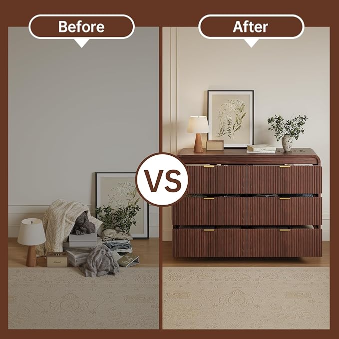 FURSUN Fluted 6 Drawers Dresser for Bedroom, 54" Wide Wooden Dresser with Metal Handle, Curved Profile Design, Modern Storage Organizer for Bedroom, Living Room, Hallway, Walnut