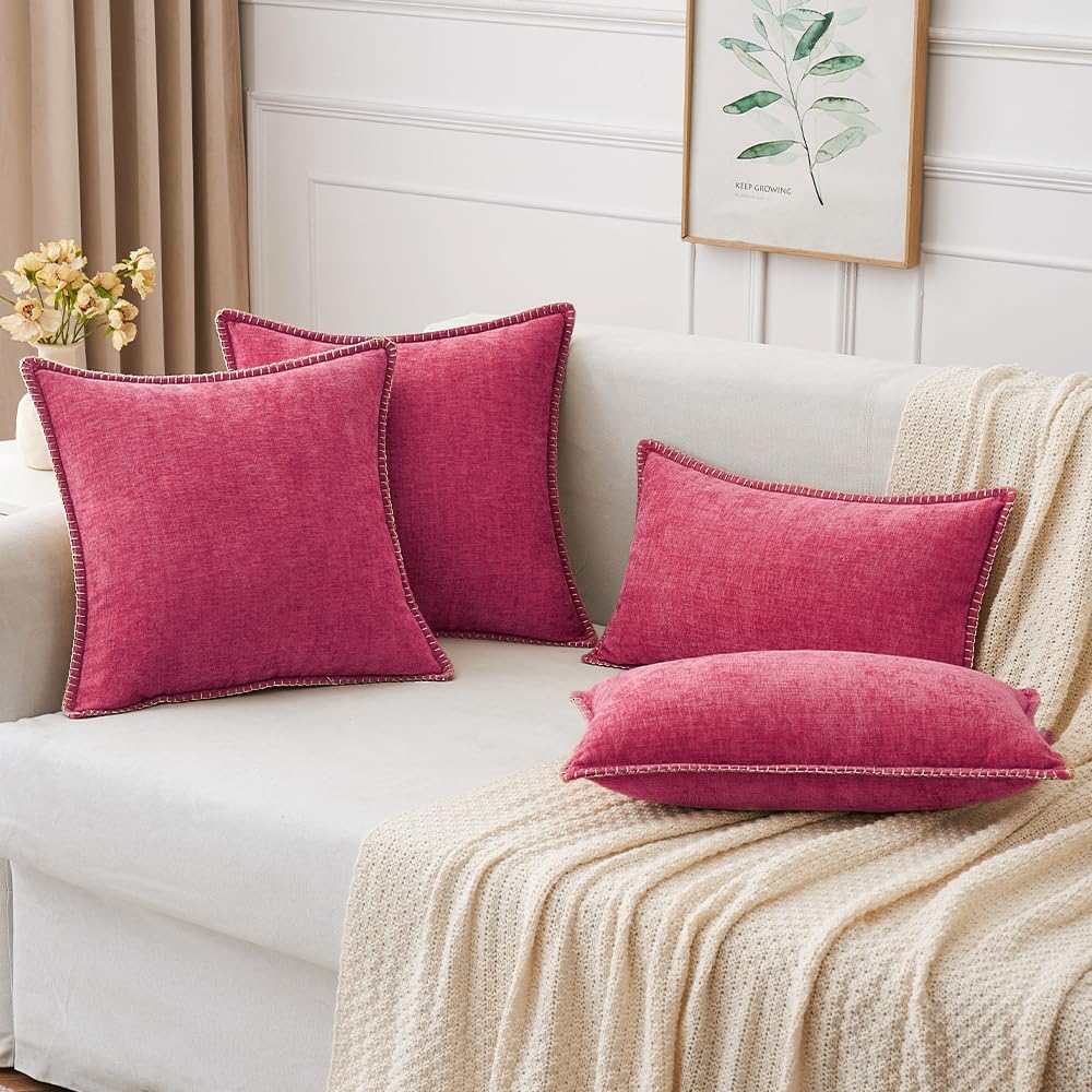 MIULEE Pack of 2 Couch Throw Pillow Covers 20x20 Inch Hot Pink Farmhouse Decorative Pillow Covers with Stitched Edge Soft Chenille Solid Dyed Spring Pillow Covers for Sofa Bed Living Room