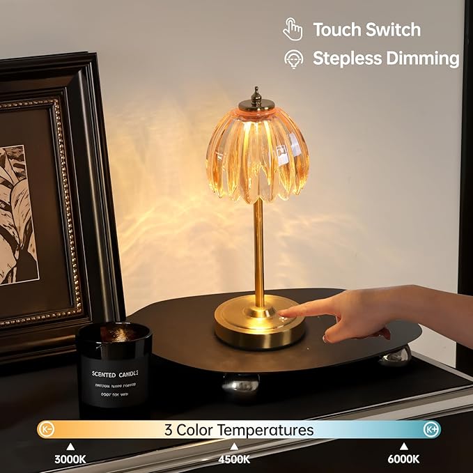 Tulip Table Lamp with 5000mAh Battery & Touch Control, Small Cordless Table Lamp with 3 Colors, Dimmable Rechargeable Battery Operated Table Lamps for Bedroom, Bedside, Desk (Amber Tulip)