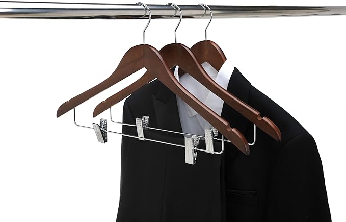 Quality Wooden Skirt Hangers with Clips Smooth Solid Wood Pants Hangers with Durable Adjustable Metal Clips, Swivel Hook, Coat, Jacket, Blouse Suit Hangers (Walnut - Chrome Hook, 20)