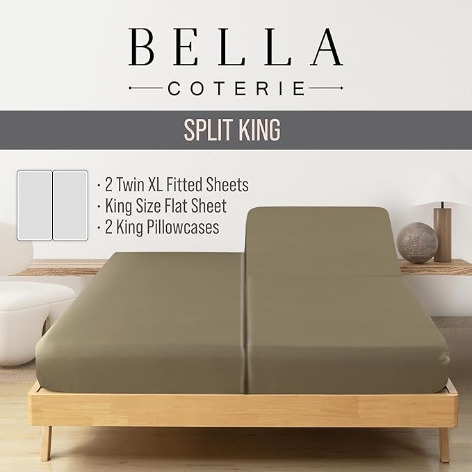 Bella Coterie Luxury Bamboo Viscose Split King Size Sheet Set | 2 Fitted Sheets for Sleep Number & Adjustable Beds | 100% Organically Grown | Cooling & Ultra Soft | 18” Deep Pocket [Olive]