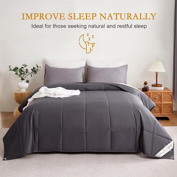YOUR MOON Luxurious All Season Wool Comforter Queen Size, 100% Natural Australian Duvet Insert, Noiseless Cotton Cover, Medium Weight (Dark Gray)
