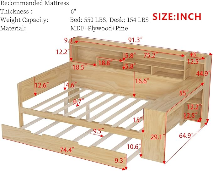 Merax Full Size Corner Bed Frames with Desk and Trundle & Storage Shelves Headboard, Pinewood U-Shaped Captain Daybed for Small Room, Bedroom, Guest Room, Kids' Room, Natural