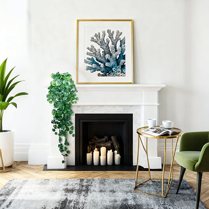 Artificial Hanging Plants for Shelf, 2-Pack Fake Potted Greenery Faux Monstera Leaves Vines in Black Pot, Décor for Office Living Room Bathroom Indoor Outdoor