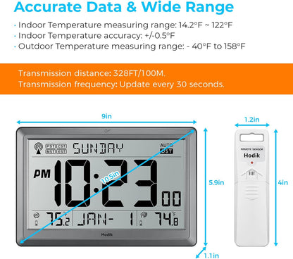 Wall Clock Atomic with Indoor Outdoor Temperature Battery Powered, Easy Reading with 10.5 Inch Large LCD Display, 330FT Range Table Wall Clock With DST, 12/24 Hour for Living Room Kitchen (Silver)