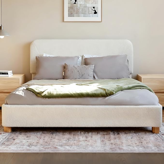 Queen Size Cloud Bed Frame, Soft Boucle Bed Frame with Adjustable Headboard, Solid Wood Legs, Rounded Corners Design & Easy Assembly – Modern Platform Bed,Cream