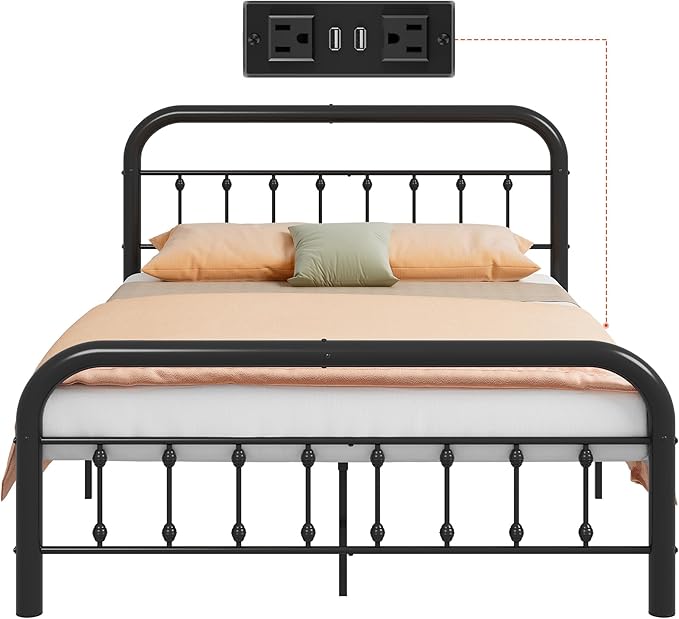 WLIVE Metal Platform Bed Frame, Queen Bed Frame with Headboard, Bed Frames with LED Lights and Charging Station, 1500LBS Mattress Foundation, Under Bed Storage, No Box Spring Needed, Black