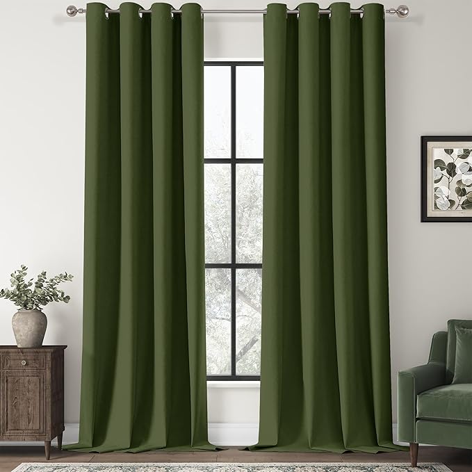 ChrisDowa 100% Blackout Olive Green Solid Curtains 102 Inches Long 2 Panels for Bedroom Living Room,Farmhouse Room Darkening Thermal Insulated Soundproof Grommet Top Window Treatment Drapes,52x102