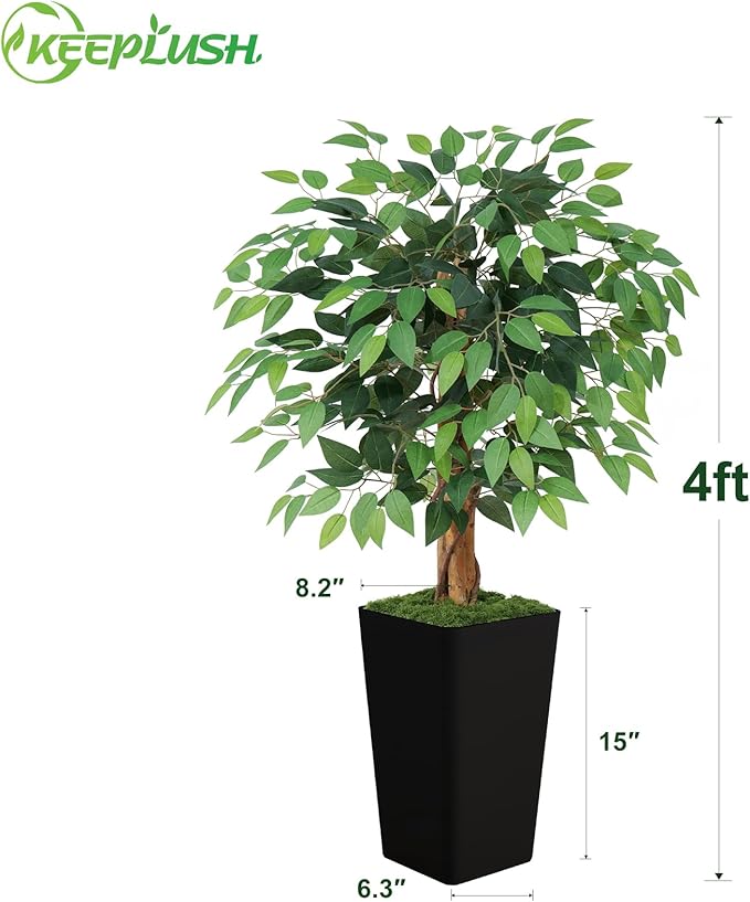 4ft Ficus Artificial Tree with 3 Natural Curved Trunks, 48" Tall Lush Faux Tree for Home Decor Indoor, Green Lifelike Fake Ficus Tree with Black Planter Pot