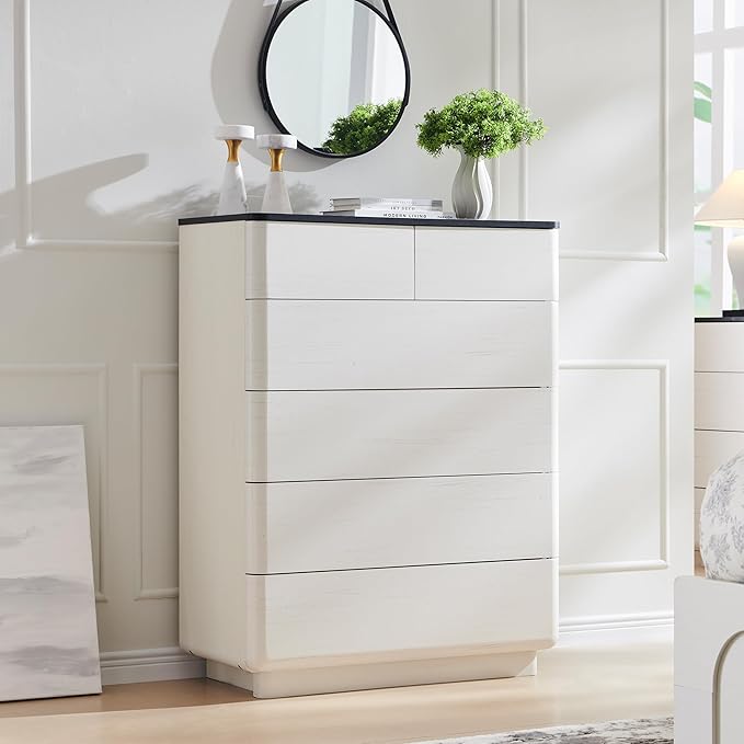 ACCOHOHO 6 Drawer Dresser for Bedroom, 42 Inch Tall Modern Chest of Drawers, Push-to-Open Wood Storgae Organizer with Large Drawers for Bedroom, Living Room, Hallway,Off White