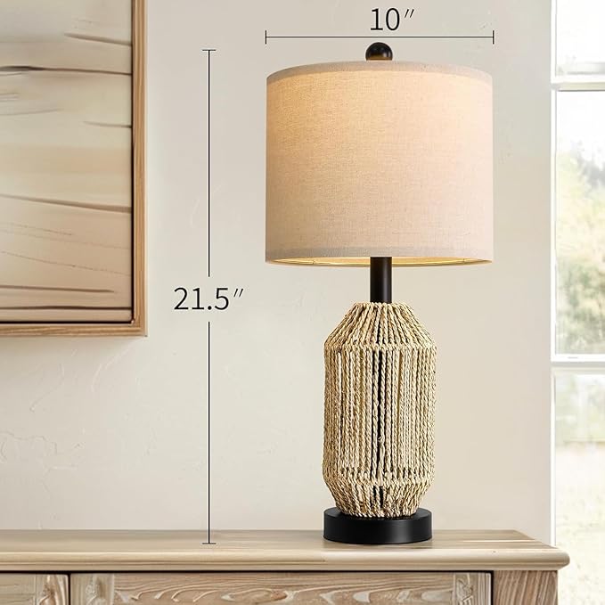 OYEARS 21" Boho Table Lamps Set of 2 for Living Room, Bedside Lamps for Nightstand, Rattan Lamp for Bedroom, Farmhouse Table Lamps for Boho Decor, End Table, Retro, Black