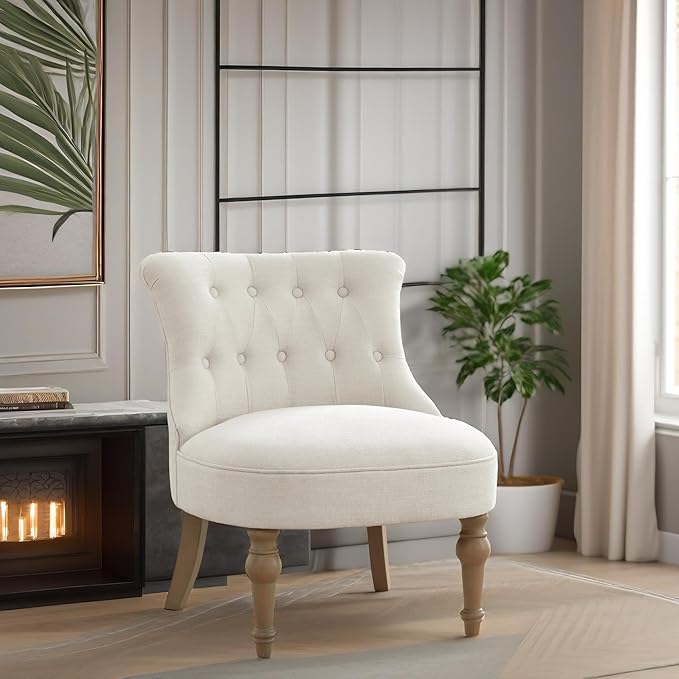 Living Room Chairs, Armless Accent Chair, Comfy Tufted Bedroom Chair, Upholstered Chair with Wooden Legs for Reading Room, Reception, Apartments and Dormitories (Beige)