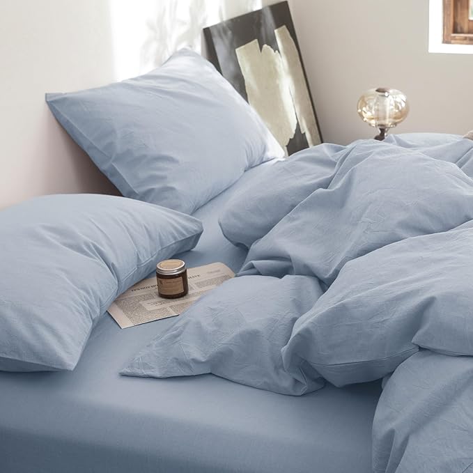 FOSSA Duvet Cover Set 100% Washed Cotton Linen Feel Super Soft Breathable Cozy 3 Pieces Bedding Sets Solid Cornflower Blue Oversized King