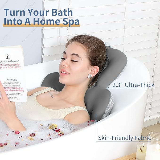 Bath Cushion, Full Body Bathtub Pillow with 160 Suction Cups, Bath Mat for Head and Neck Support, with Laundry Bag (Dark Gray, 51.2" x 16.2")