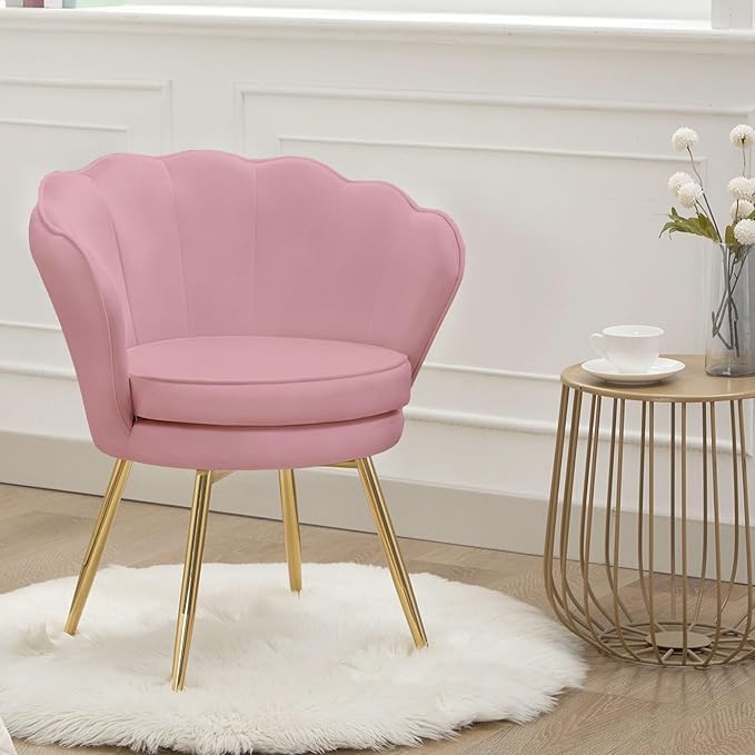 Accent Chairs Set of 2, Velvet Vanity Chair with Back, Mid-Century Modern Small Accent Chair for Living Room, Golden Metal Legs Upholstered Makeup Chair, Bedroom Armchair, Pink