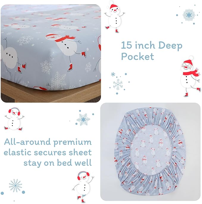 JSD Snowman Kids Sheet Set Twin Size, 3 Piece Blue Snowflakes Christmas Printed Microfiber Sheets Deep Pocket
