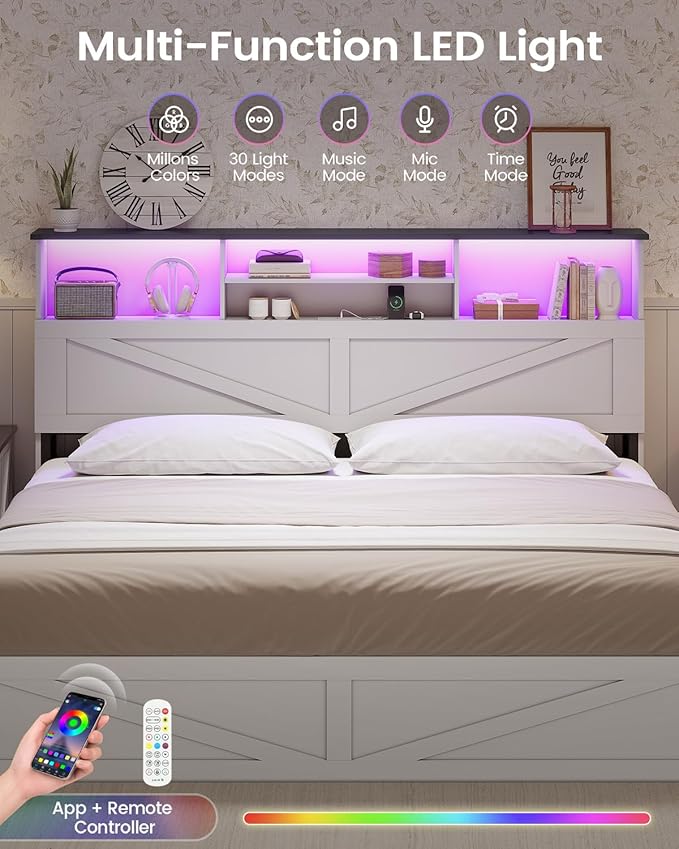 AOGLLATI Farmhouse King Bed Frame Bed Frame with 4 Storage Drawers and Led Lights, Wooden King Bed with Hidden Space Bookcase Headboard and Led Lights, White