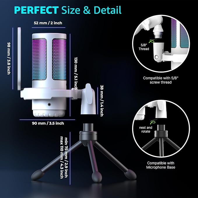 IXTECH USB Gaming Microphone for PC, RGB Condenser Microphone with Tripod Stand, Pop Filter, Rotate Gain Button, and Quick Mute, Noise Cancellation Computer Mic for Streaming, Gaming, Podcasting