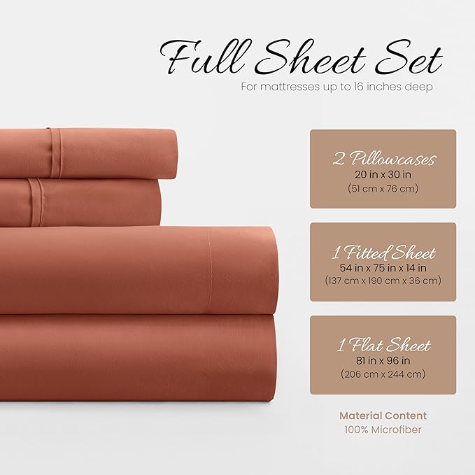 Linen Market Bed Sheets for Full Size Bed (Clay) - Sleep Better Than Ever with These Soft and Cooling Full Sheets - Deep Pocket Fits 16" Thick Beds - 4 Piece Full Sheet Set