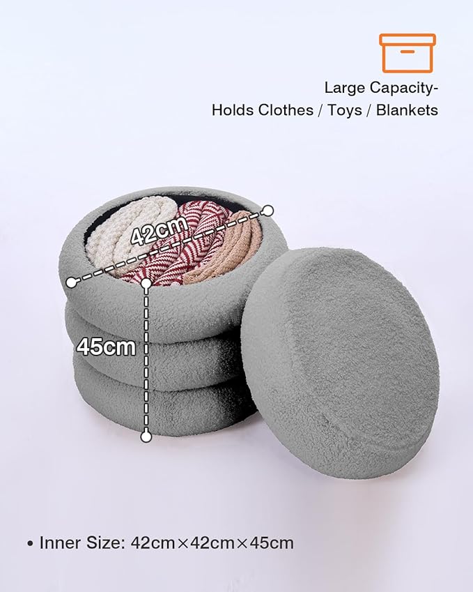 Round Set of 2 Sherpa Storage Ottoman Stool Boucle Vanity Stool Footstool with Removeable lid Load up to 440 lbs for Livingroom Bedroom Gray UASND68G