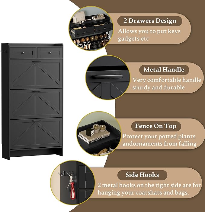 Shoe Storage Cabinet for Entryway, Farmhouse Narrow Shoe Cabinet with 3 Flip Drawers & 2 Top Drawers, Adjustable Shelves & Hooks, Freestanding Hidden Rack Organizer for Hallway, Foyer