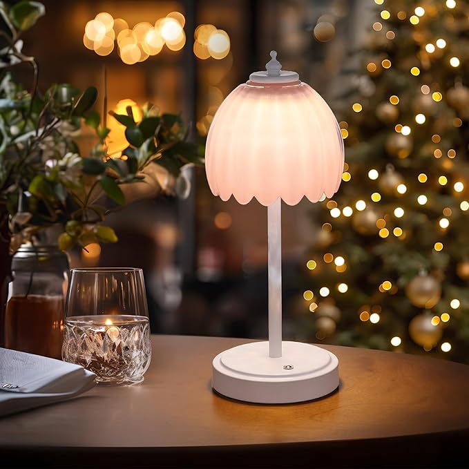 Tulip Table Lamp with 5200mAh Battery & Touch Control, Cordless Small Table Lamp with 3 Colors, Dimmable Rechargeable Table Lamps for Living Room, Bedroom, Desk, Bedside (Creamy Pink Tulip)