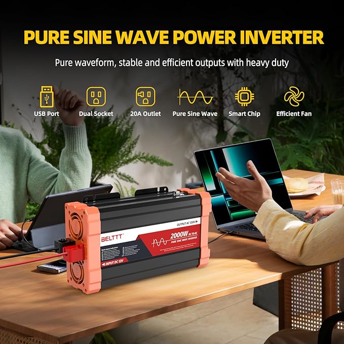 BELTTT 2000W Pure Sine Wave Inverter, Car Power Inverter 12V to 120V AC Converter for RV, Truck, Solar, Outdoor with Dual AC and 20A Socket, 5V 2.1A USB, Surge 4000W, Hardwire Port, Remote Controller